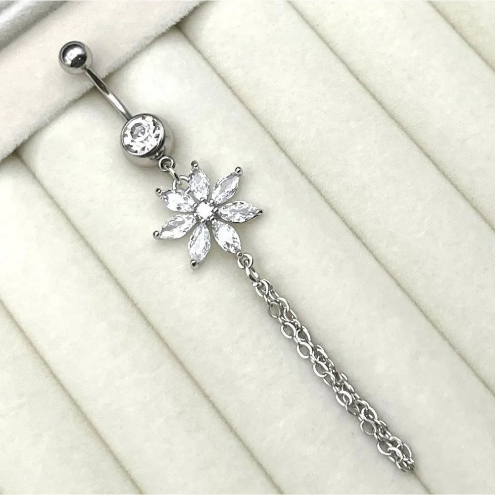 316L Stainless Steel with White Diamond Cubic Zirconia Flower 14G Belly Ring